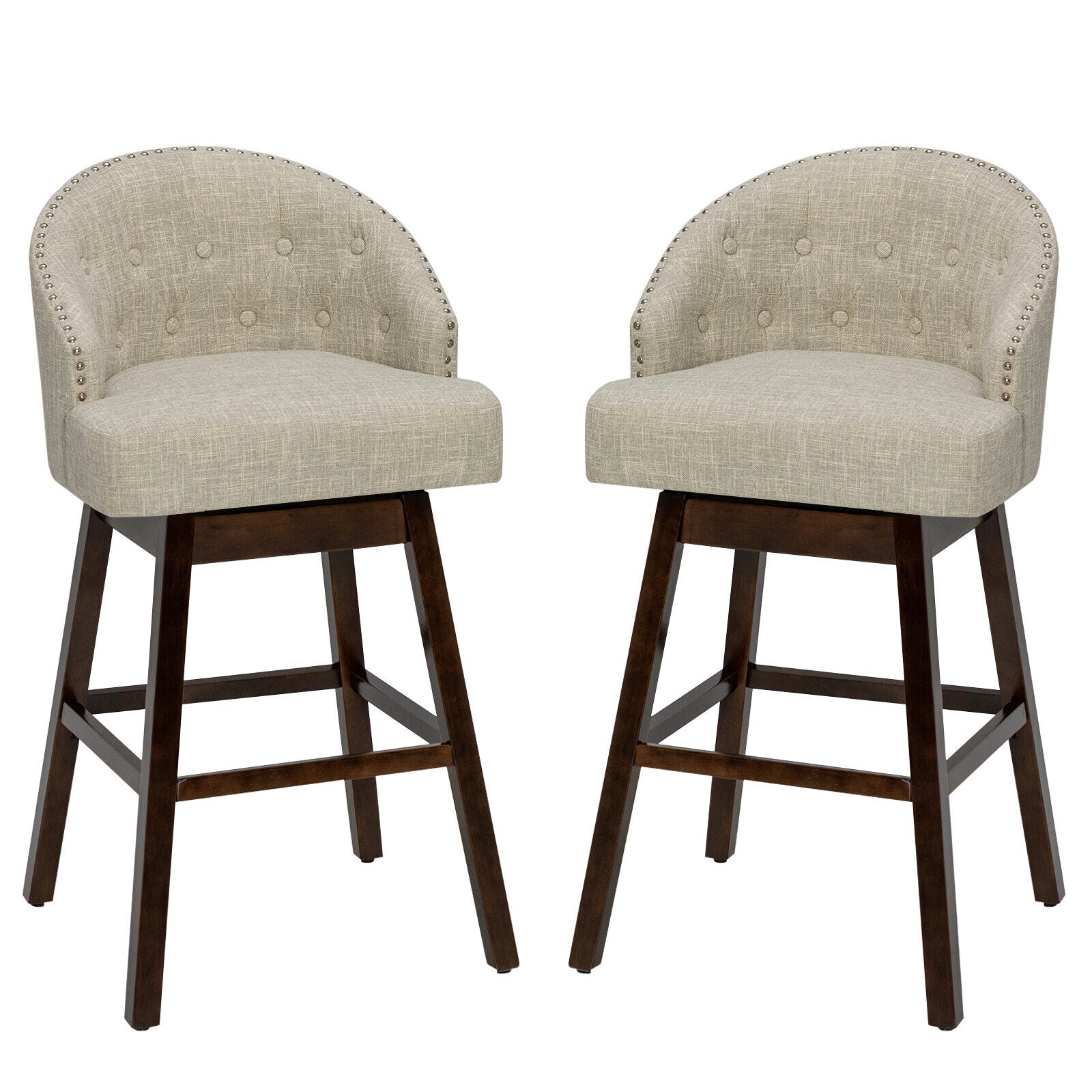 Set of 2 Swivel Bar Stools with Rubber Wood Legs and Padded Back-Beige