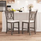 Set of 2 Bar Stools with Cross Back and Linen Fabric Upholstered Seat-Beige