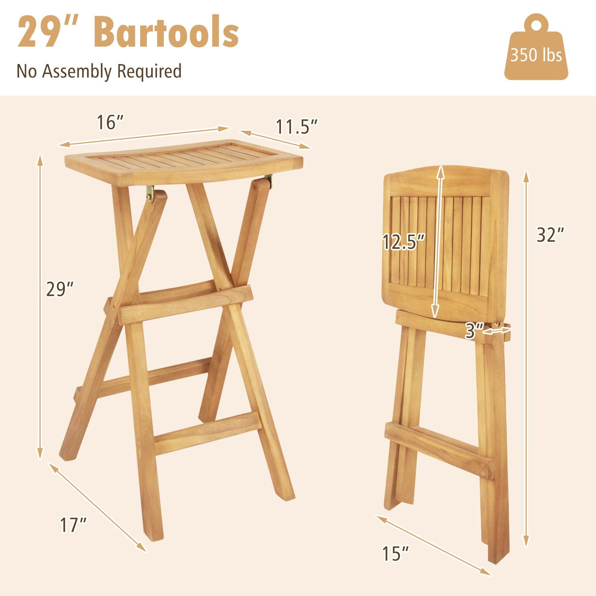 Set of 2 No Assembly Outdoor Bar Stools with Contoured Seat