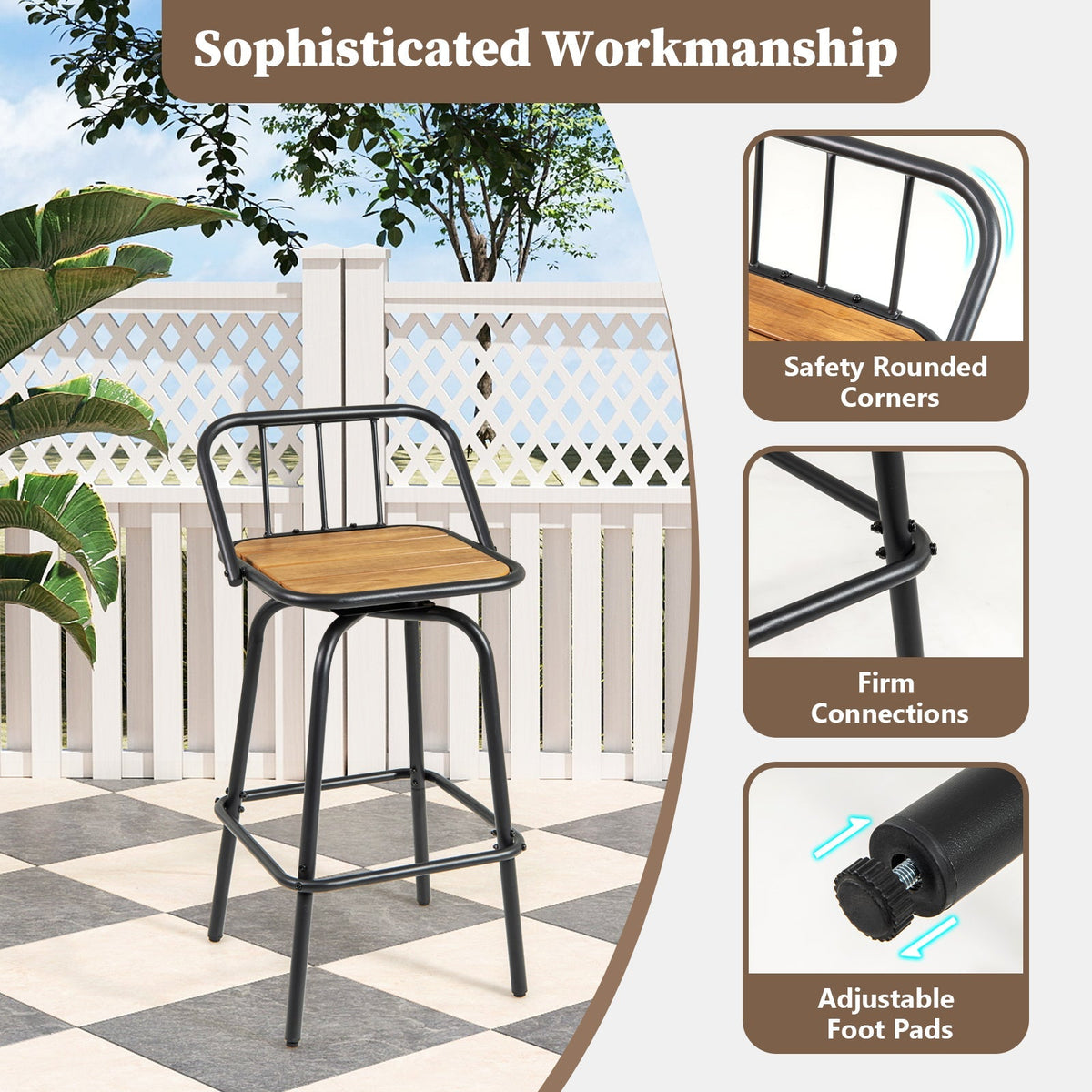 360° Swivel Bar Stool Set of 2 with Footrest and Backrest - Black & Natural