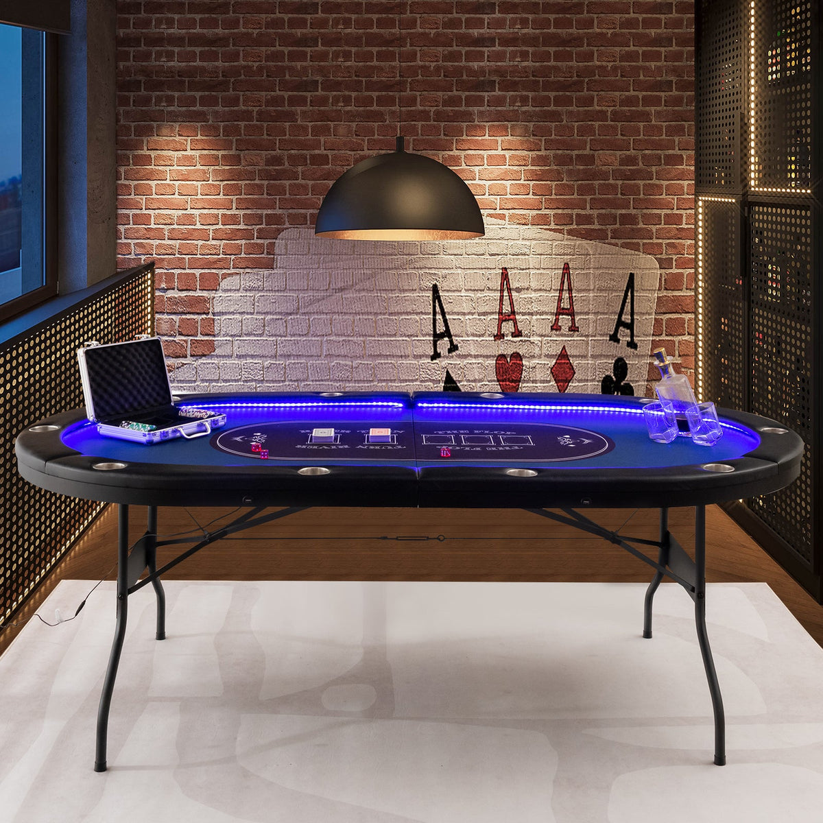 75 in Foldable 10-Player Poker Table | LED Lights, USB Ports