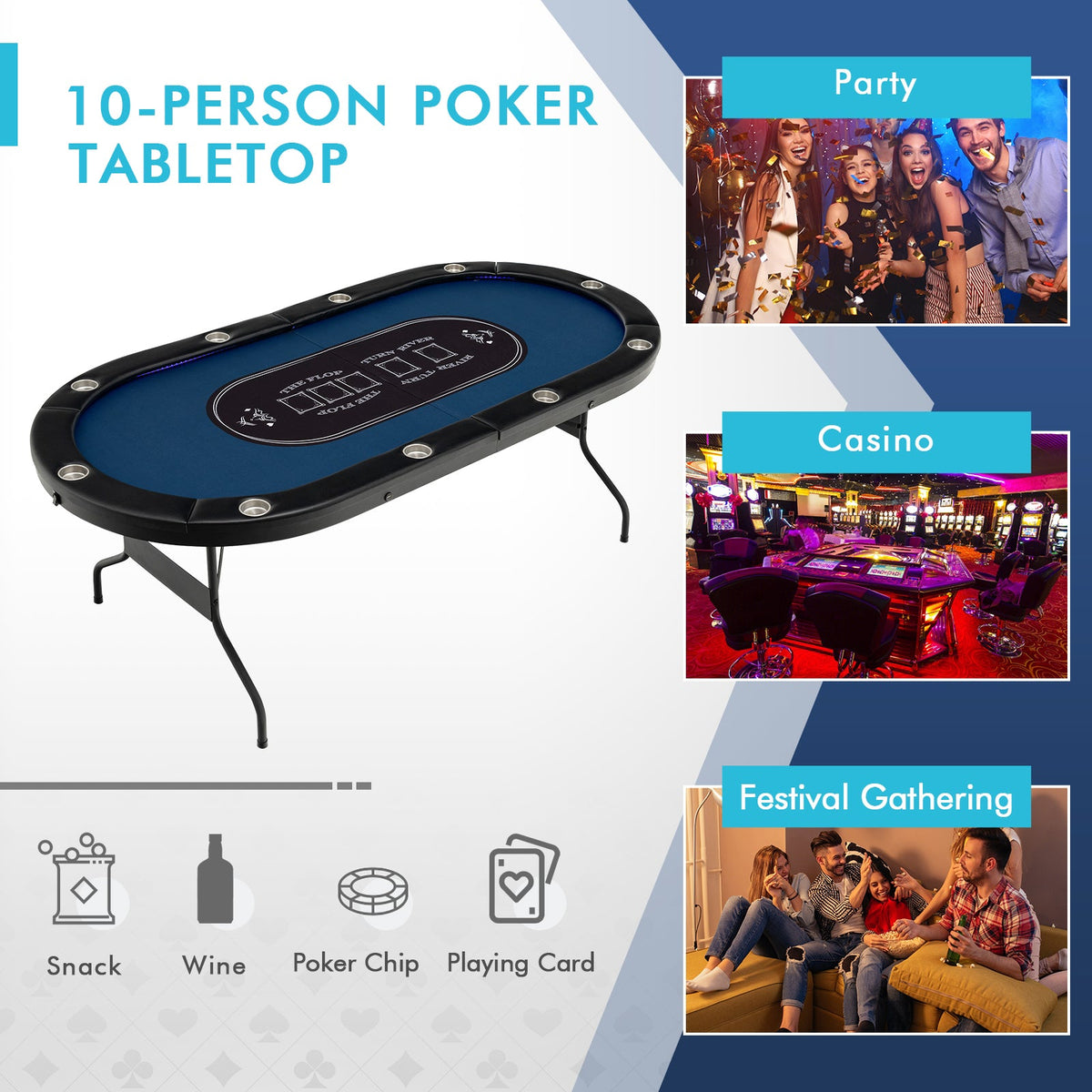 Foldable 10-Player Poker Table with LED Lights and USB Ports