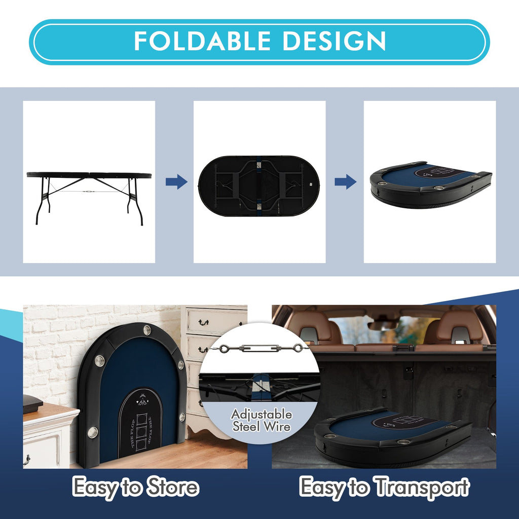 Foldable 10-Player Poker Table with LED Lights and USB Ports