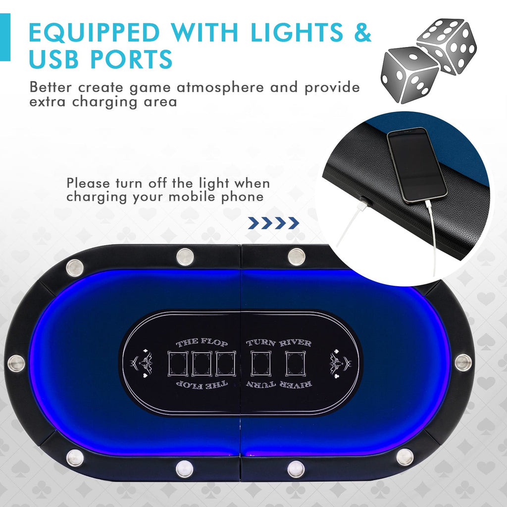 Foldable 10-Player Poker Table with LED Lights and USB Ports