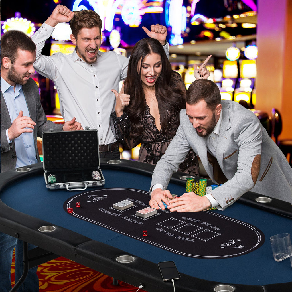 Foldable 10-Player Poker Table with LED Lights and USB Ports