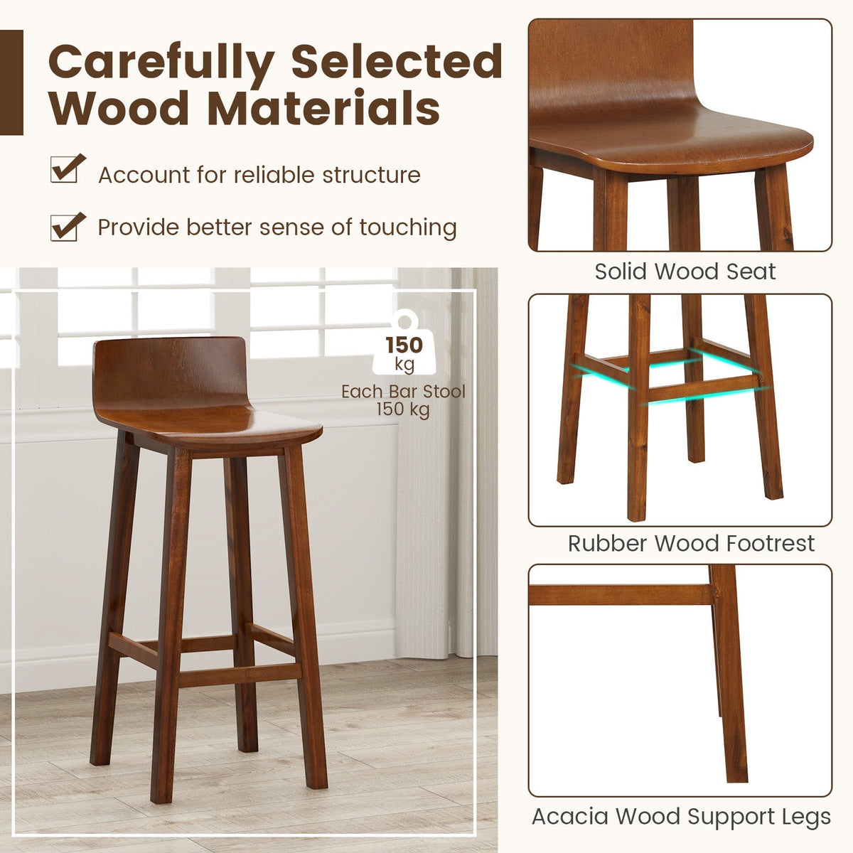 29 Inch Wood Bar Stools Set of 2 with Solid Back and Seat-Walnut